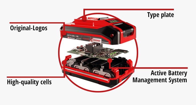 Eksplosionstegning af et Einhell Power X-Change-batteri med beskrivelser